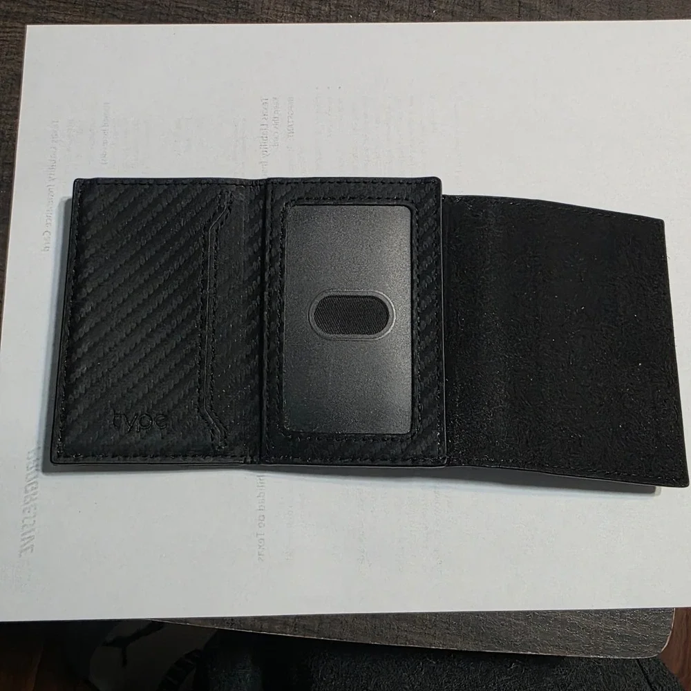 Type Black‎ Carbon Fiber Trifold Wallet with AirTag Holder and Pop Up Card Slot